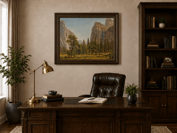 Framed hand-painted Yosemite Valley oil painting with a waterfall and towering granite cliffs displayed above a traditional home office desk.