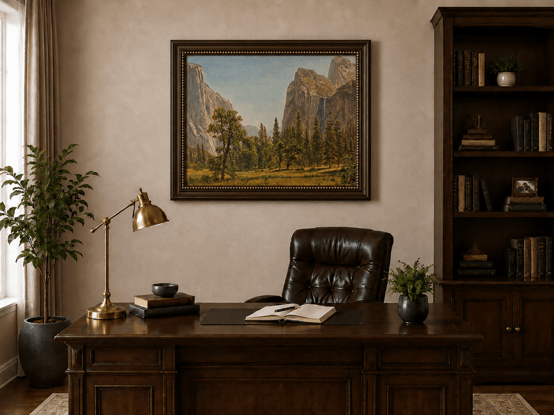 Framed hand-painted Yosemite Valley oil painting with a waterfall and towering granite cliffs displayed above a traditional home office desk.