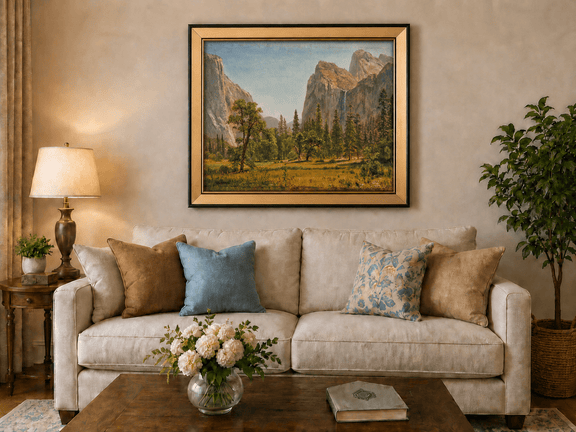 Framed hand-painted Yosemite Valley oil painting with a waterfall and towering granite cliffs displayed above a neutral living room sofa.