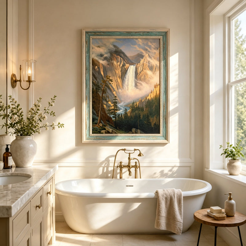 Framed hand-painted Yosemite waterfall oil painting with sunlit mist and granite cliffs displayed above a freestanding bathtub.