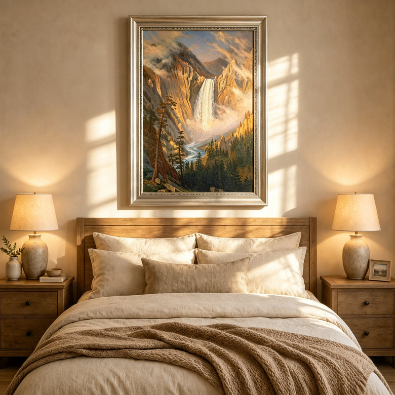 Framed hand-painted Yosemite waterfall oil painting with sunlit mist and granite cliffs displayed above a wooden bed in a neutral bedroom.