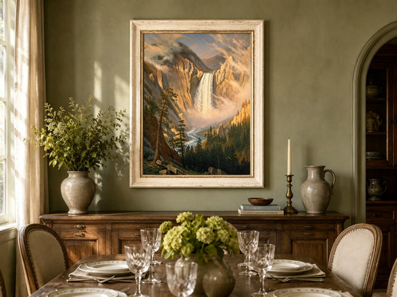 Framed hand-painted Yosemite waterfall oil painting with sunlit mist and granite cliffs displayed above a formal dining table.