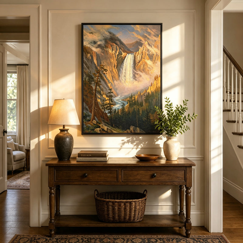 Framed hand-painted Yosemite waterfall oil painting with sunlit mist and granite cliffs displayed above an entryway console table.
