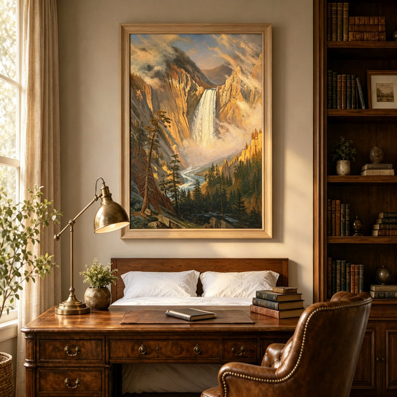 Framed hand-painted Yosemite waterfall oil painting with sunlit mist and granite cliffs displayed above a traditional home office desk.