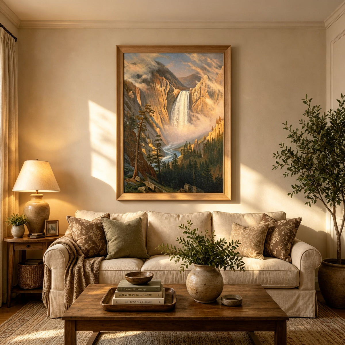 Framed hand-painted Yosemite waterfall oil painting with sunlit mist and granite cliffs displayed above a neutral living room sofa.