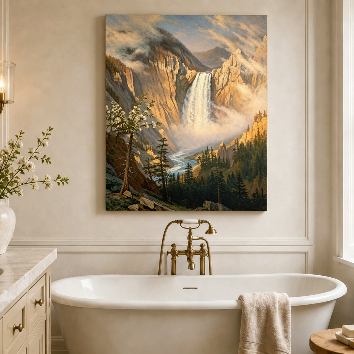 Unframed hand-painted Yosemite waterfall oil painting with sunlit mist and granite cliffs displayed above a freestanding bathtub.