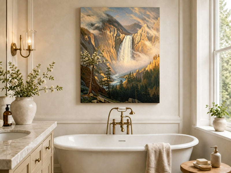 Unframed hand-painted Yosemite waterfall oil painting with sunlit mist and granite cliffs displayed above a freestanding bathtub.