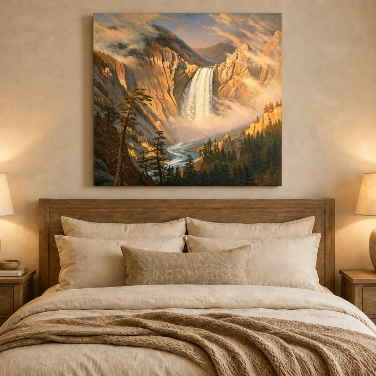 Unframed hand-painted Yosemite waterfall oil painting with sunlit mist and granite cliffs displayed above a wooden bed in a neutral bedroom.