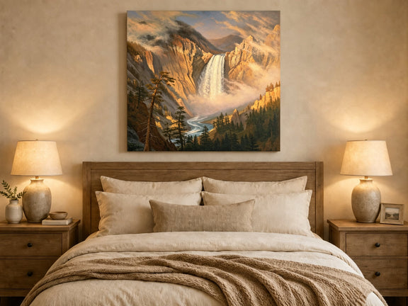 Unframed hand-painted Yosemite waterfall oil painting with sunlit mist and granite cliffs displayed above a wooden bed in a neutral bedroom.