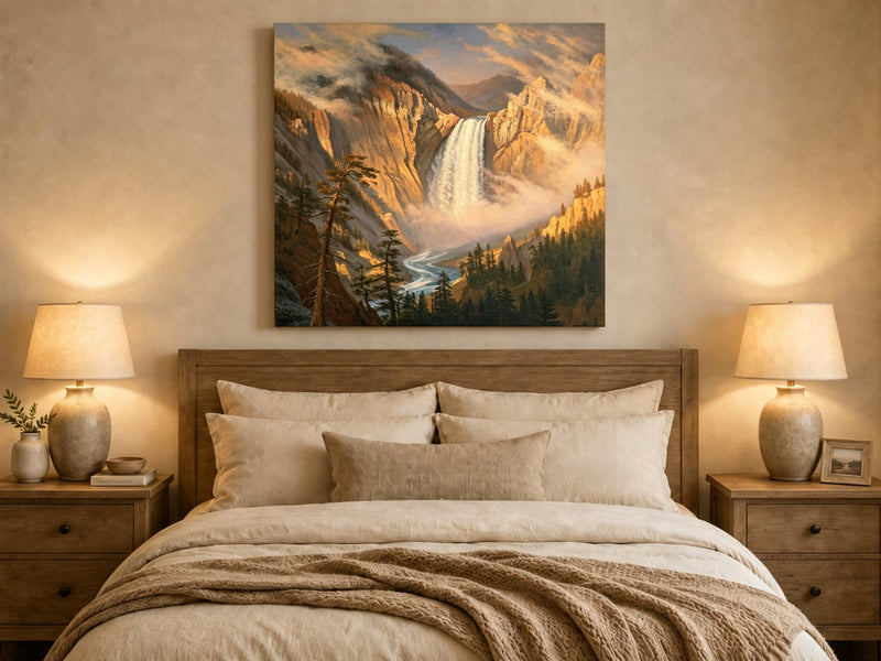 Unframed hand-painted Yosemite waterfall oil painting with sunlit mist and granite cliffs displayed above a wooden bed in a neutral bedroom.