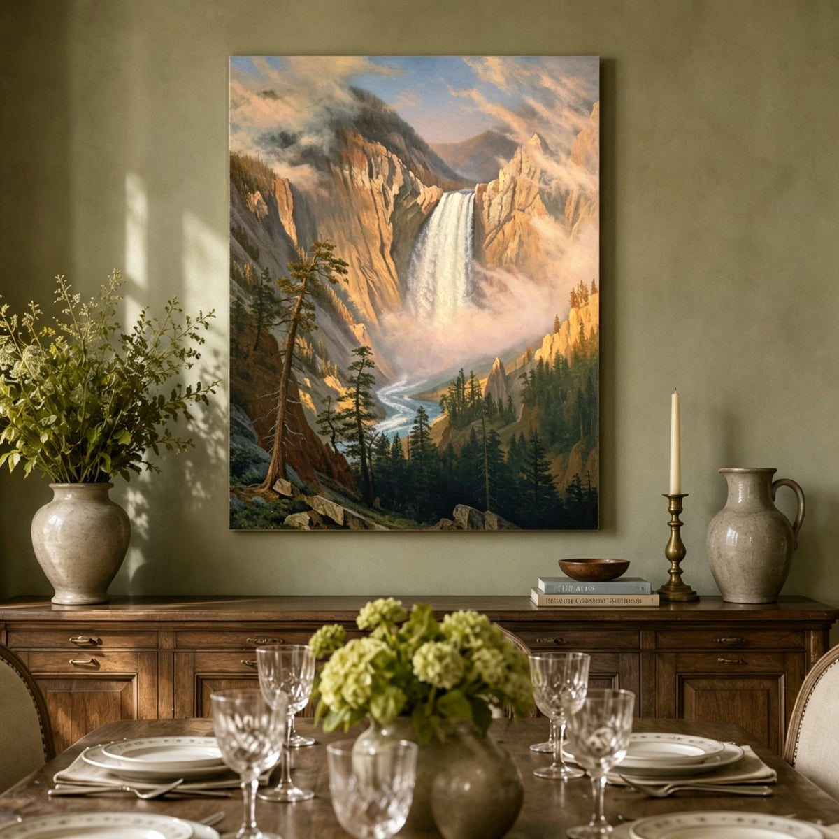 Unframed hand-painted Yosemite waterfall oil painting with sunlit mist and granite cliffs displayed above a formal dining table.