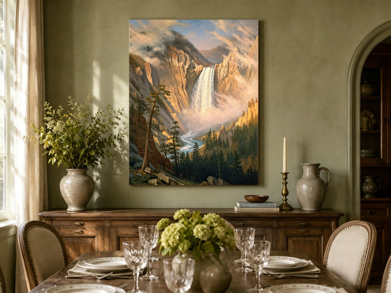 Unframed hand-painted Yosemite waterfall oil painting with sunlit mist and granite cliffs displayed above a formal dining table.