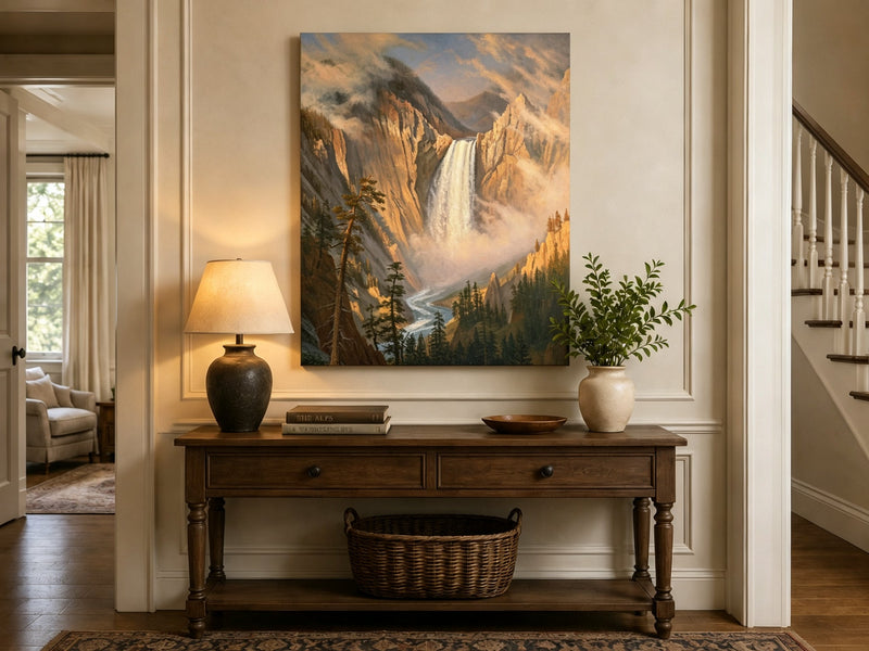 Unframed hand-painted Yosemite waterfall oil painting with sunlit mist and granite cliffs displayed above an entryway console table.
