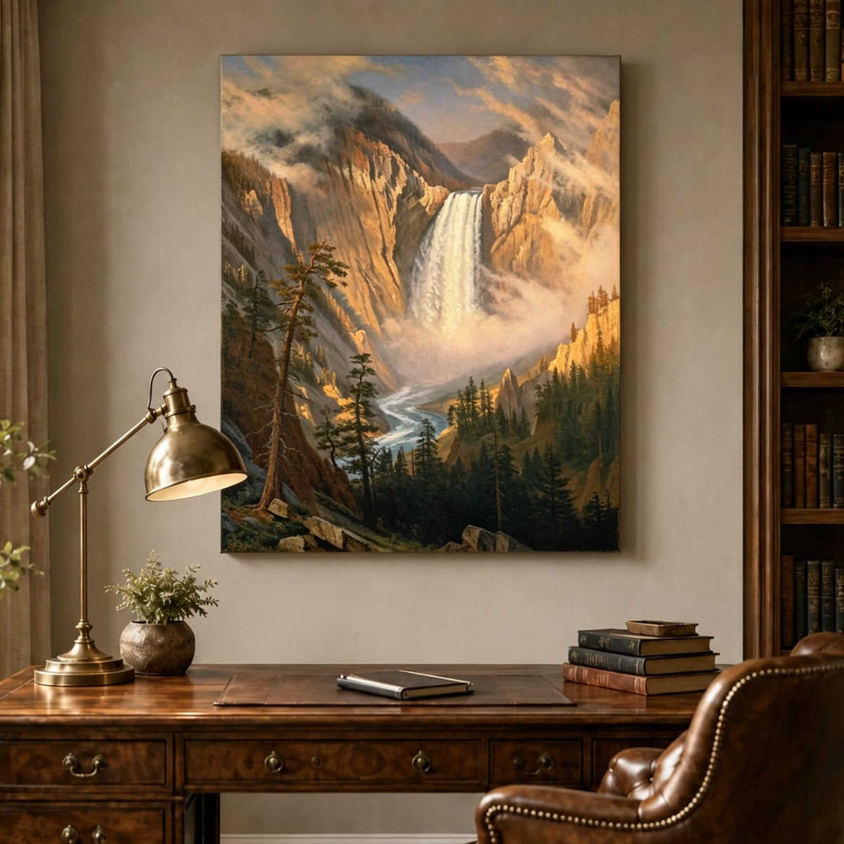 Unframed hand-painted Yosemite waterfall oil painting with sunlit mist and granite cliffs displayed above a traditional home office desk.