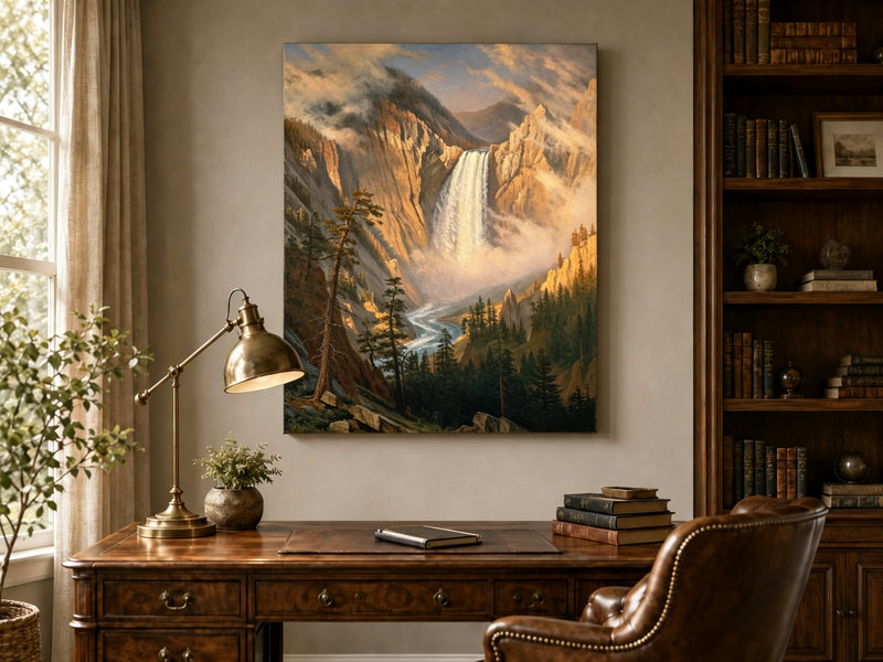 Unframed hand-painted Yosemite waterfall oil painting with sunlit mist and granite cliffs displayed above a traditional home office desk.