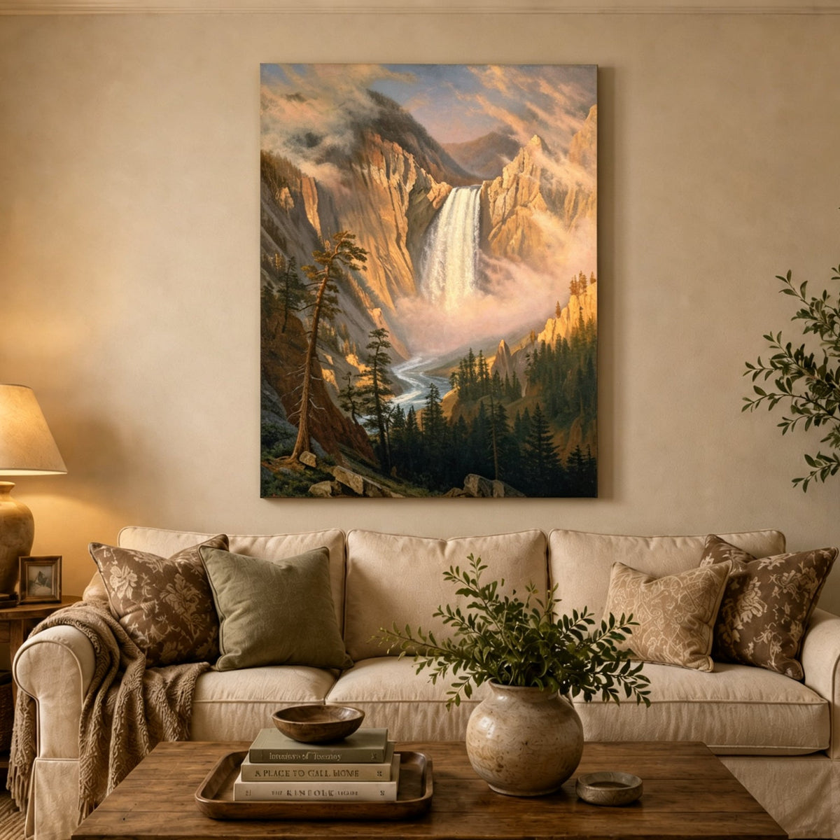 Unframed hand-painted Yosemite waterfall oil painting with sunlit mist and granite cliffs displayed above a neutral living room sofa.