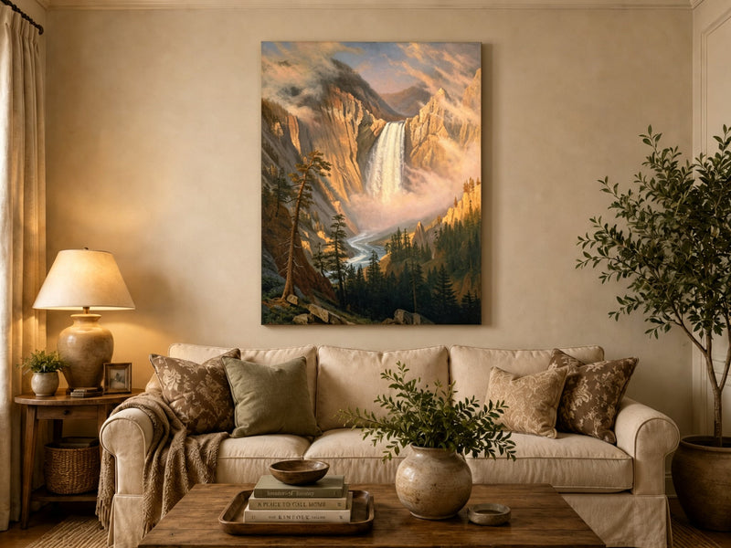 Unframed hand-painted Yosemite waterfall oil painting with sunlit mist and granite cliffs displayed above a neutral living room sofa.