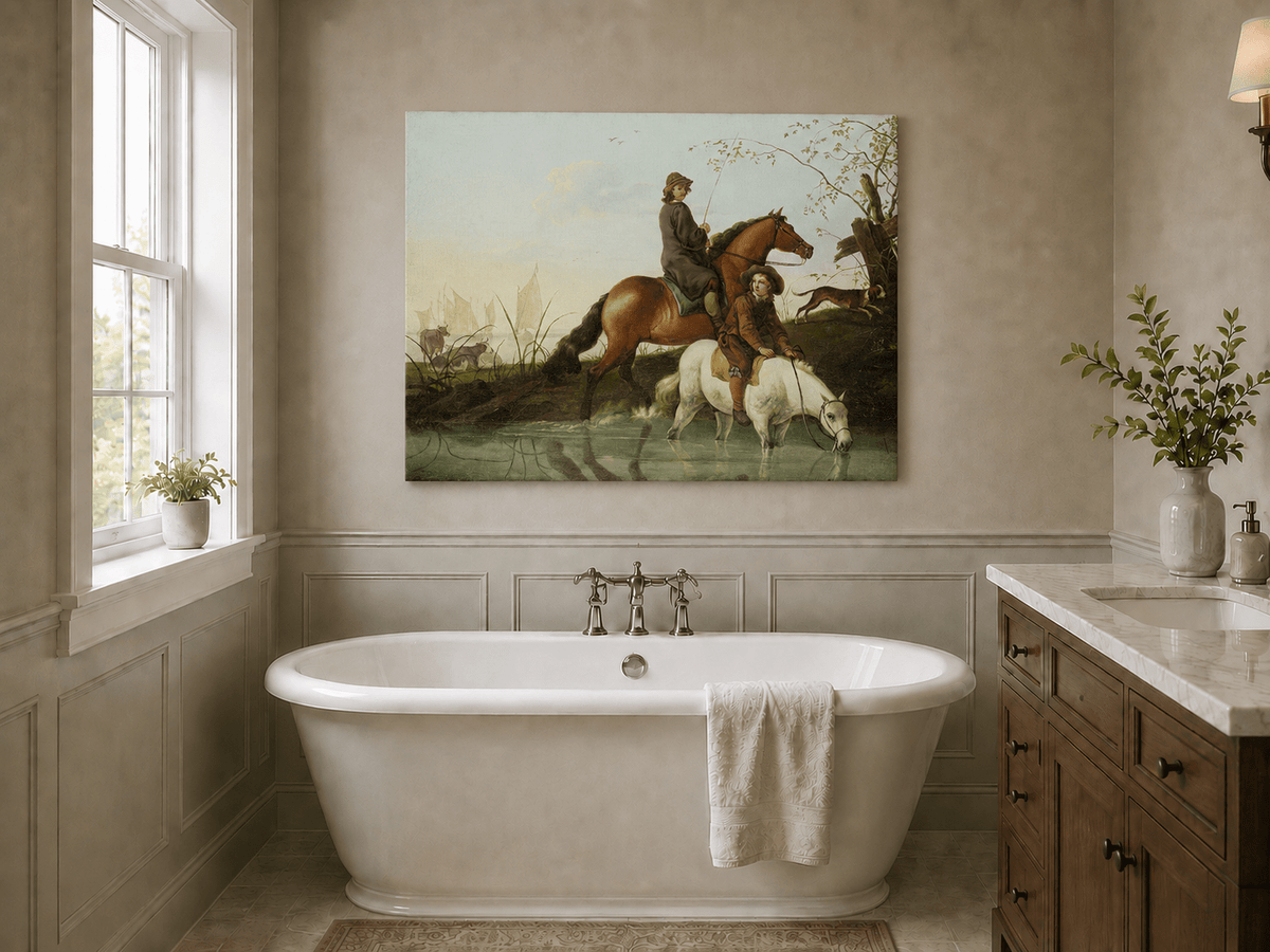 Peinture à l'huile de paysage - Homme à dos d'âne, femme, chien et champ rural