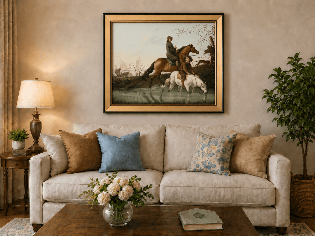 Peinture à l'huile de paysage - Homme à dos d'âne, femme, chien et champ rural