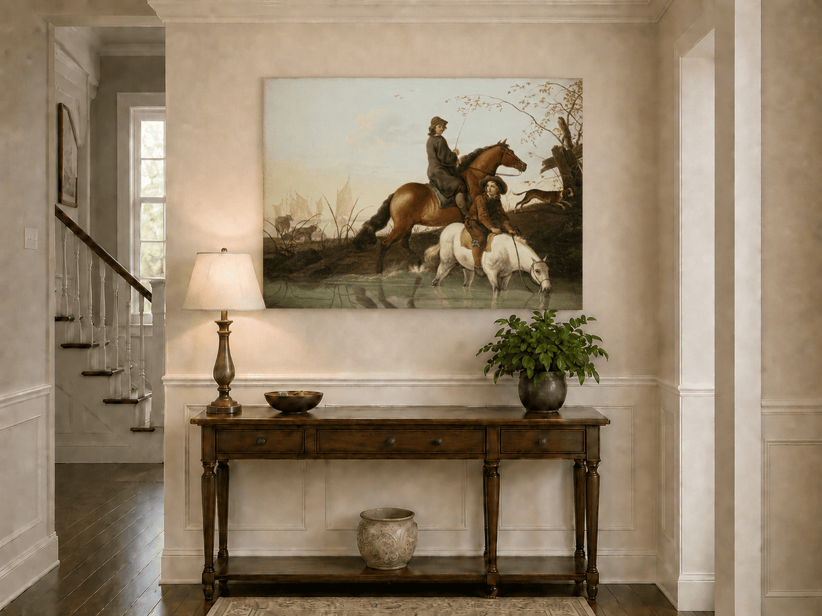 Peinture à l'huile de paysage - Homme à dos d'âne, femme, chien et champ rural