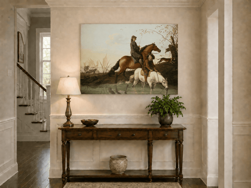 Peinture à l'huile de paysage - Homme à dos d'âne, femme, chien et champ rural