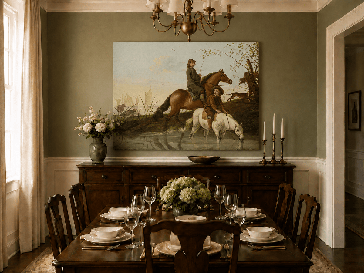 Peinture à l'huile de paysage - Homme à dos d'âne, femme, chien et champ rural