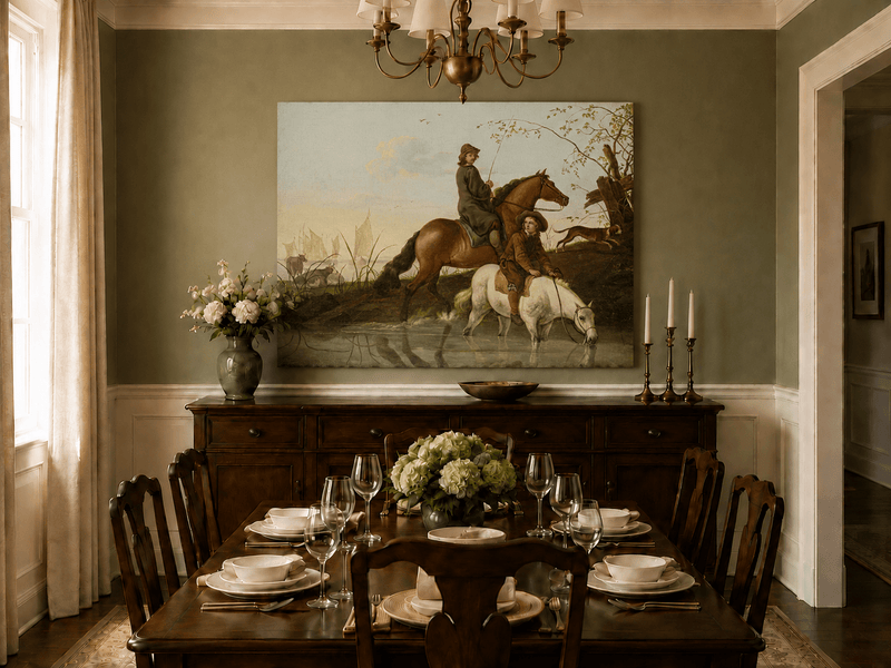 Peinture à l'huile de paysage - Homme à dos d'âne, femme, chien et champ rural