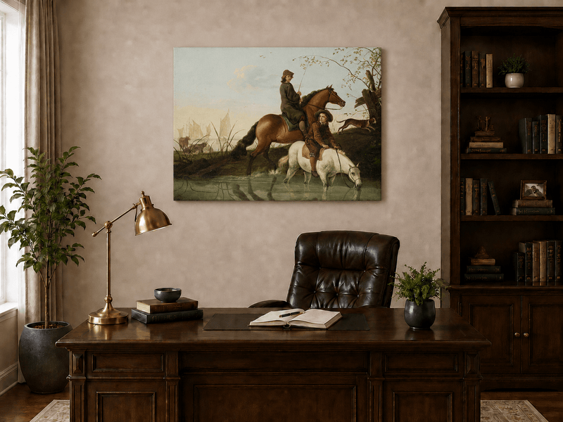 Peinture à l'huile de paysage - Homme à dos d'âne, femme, chien et champ rural