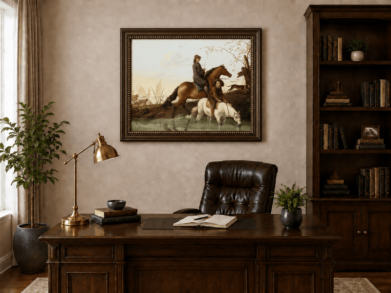 Peinture à l'huile de paysage - Homme à dos d'âne, femme, chien et champ rural