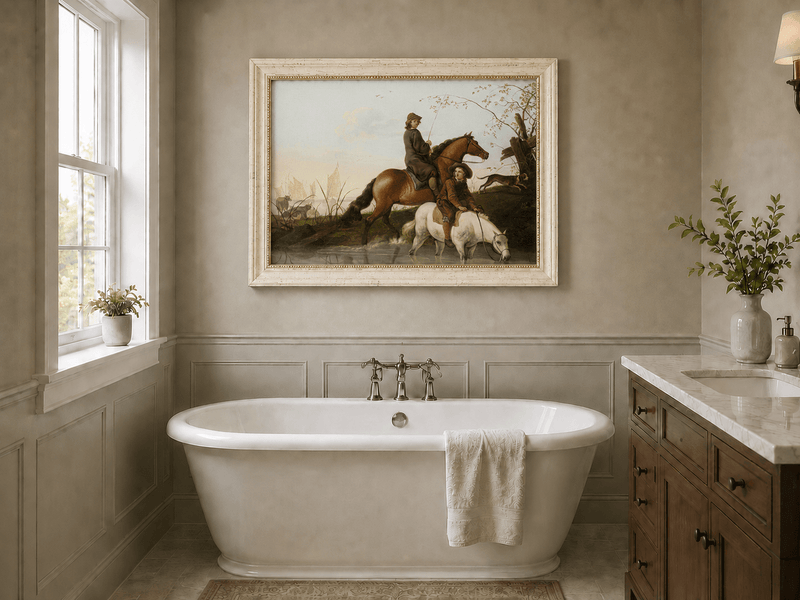 Peinture à l'huile de paysage - Homme à dos d'âne, femme, chien et champ rural