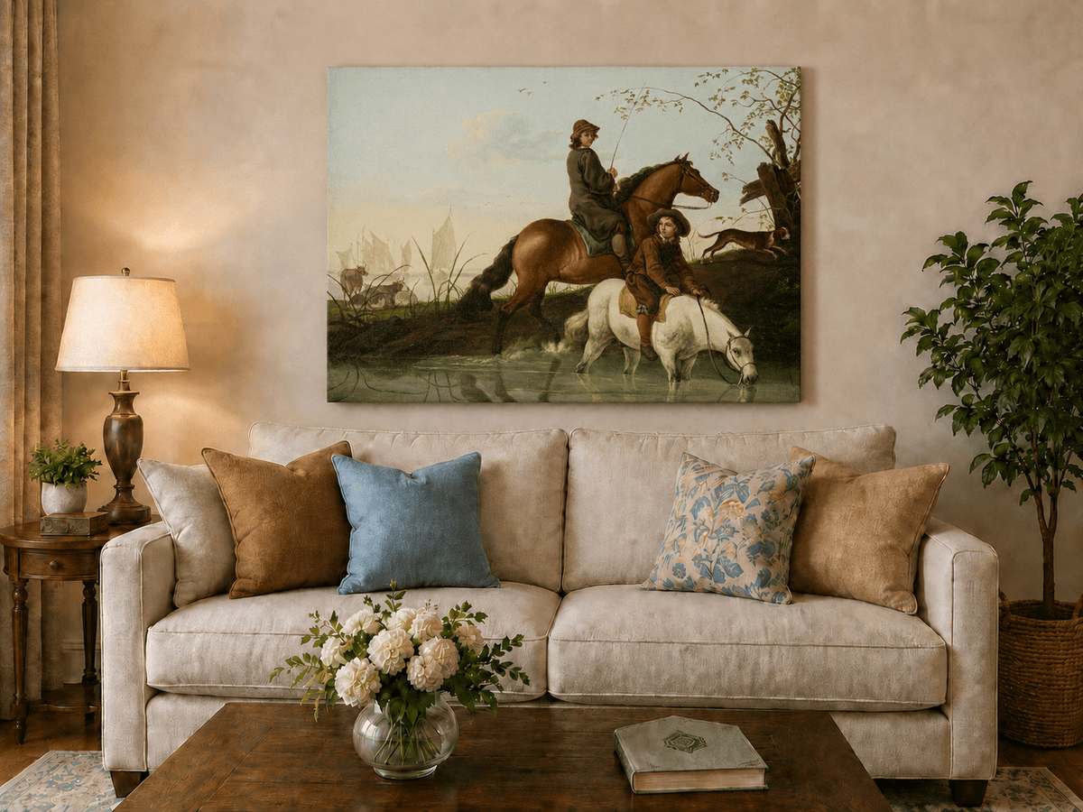 Peinture à l'huile de paysage - Homme à dos d'âne, femme, chien et champ rural