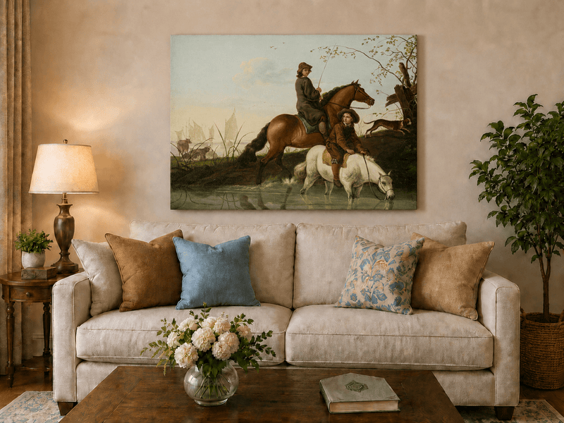 Peinture à l'huile de paysage - Homme à dos d'âne, femme, chien et champ rural