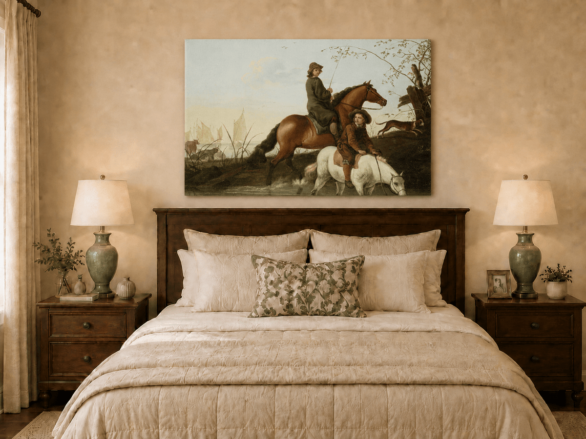 Peinture à l'huile de paysage - Homme à dos d'âne, femme, chien et champ rural