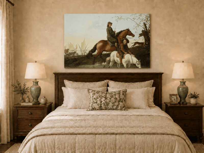 Peinture à l'huile de paysage - Homme à dos d'âne, femme, chien et champ rural