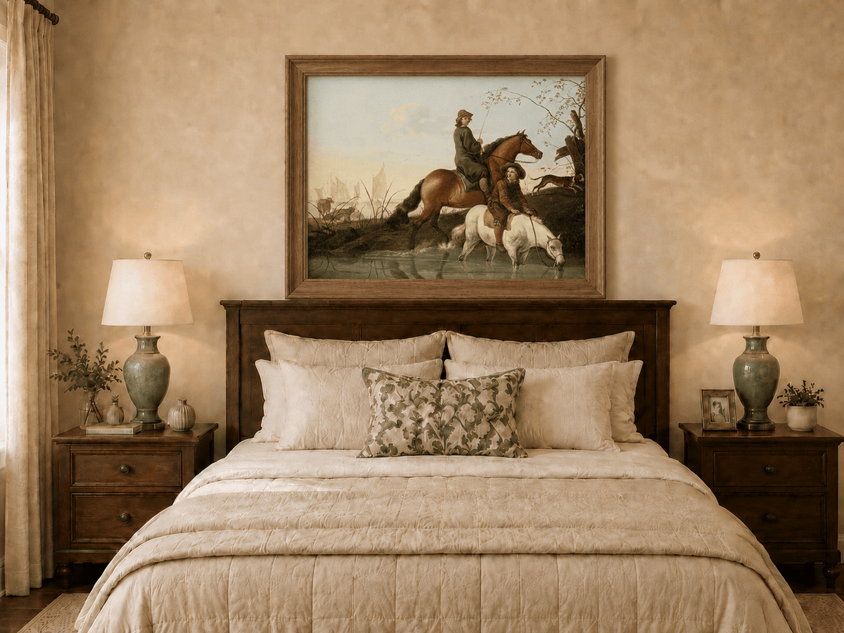Peinture à l'huile de paysage - Homme à dos d'âne, femme, chien et champ rural