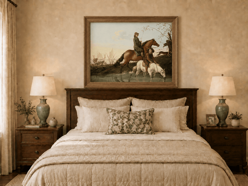 Peinture à l'huile de paysage - Homme à dos d'âne, femme, chien et champ rural