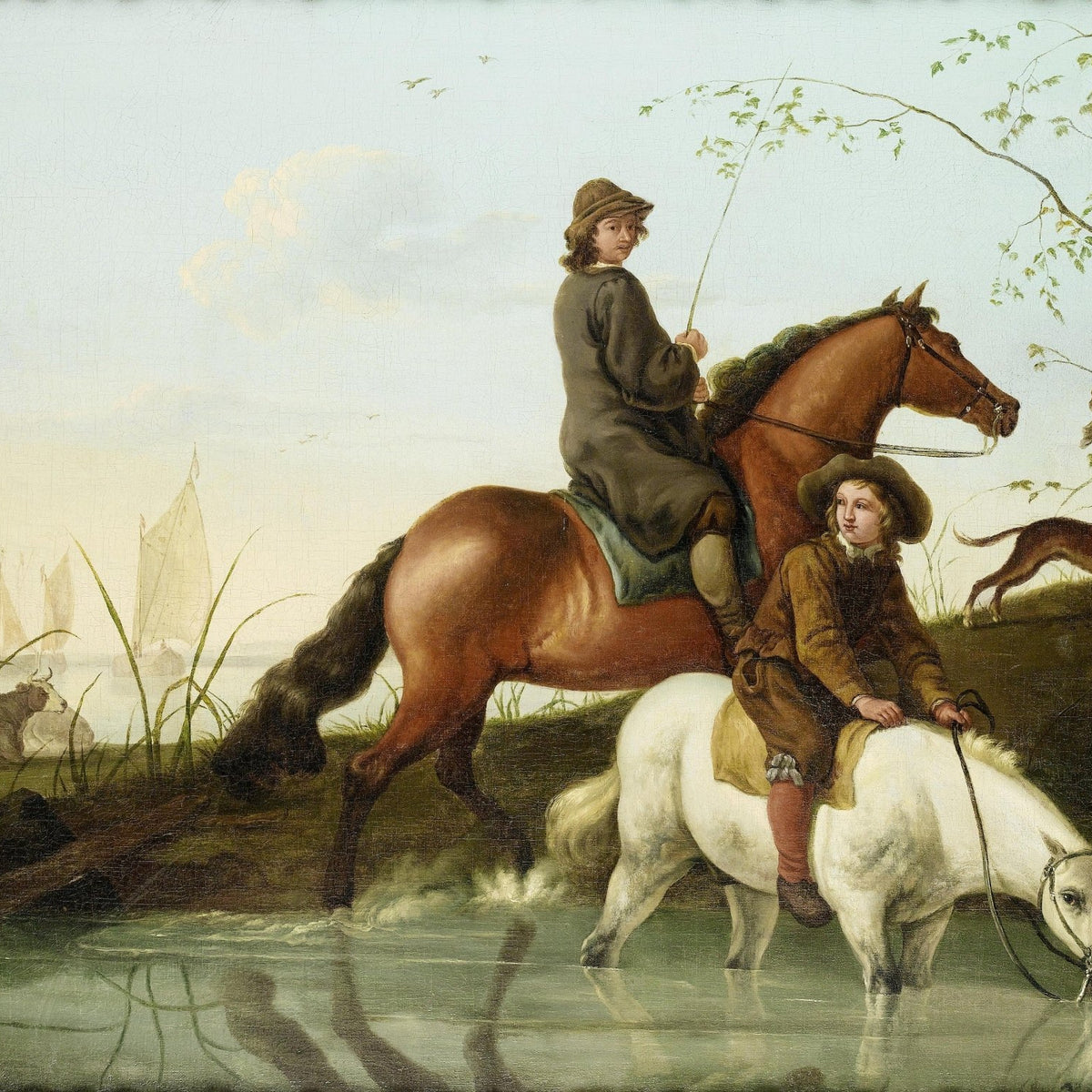 Young Riders Crossing River with Horses - People Oil Painting - Oil Painting Haven