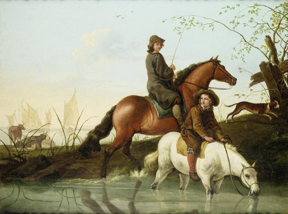 Young Riders Crossing River with Horses - People Oil Painting - Oil Painting Haven