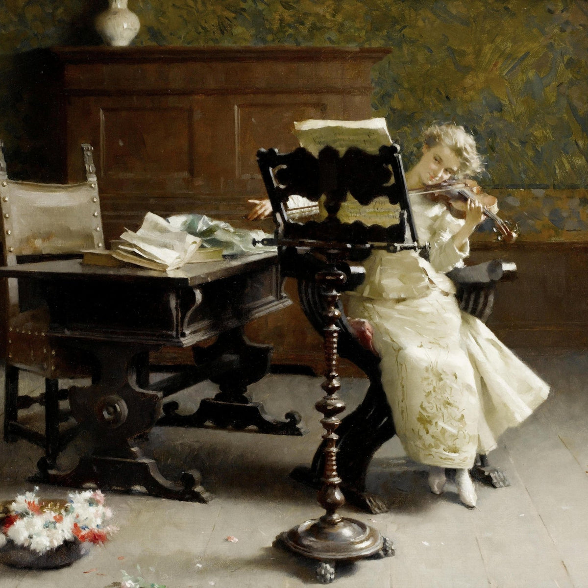 Young Woman Playing Violin in Elegant Interior - People Oil Painting - Oil Painting Haven
