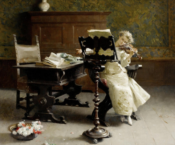 Young Woman Playing Violin in Elegant Interior - People Oil Painting - Oil Painting Haven