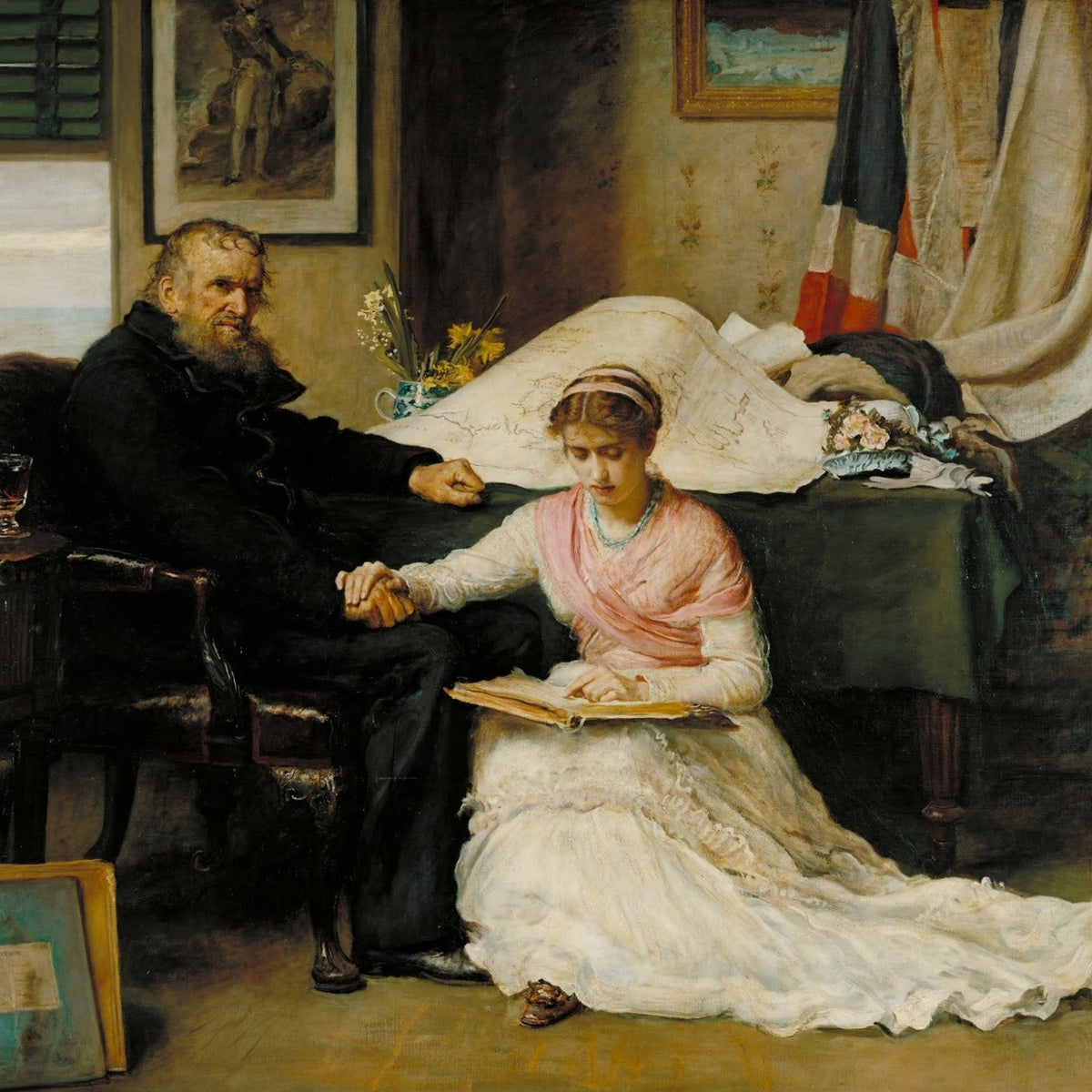 Young Woman Reading Beside an Elderly Man - People Oil Painting - Oil Painting Haven