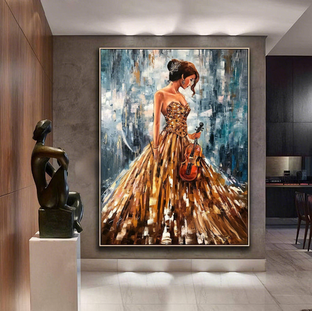 Gorgeous Girl with Violin Oil Painting Abstract Woman Wall Art Luxury Gift for Her Blue Gold Painting 30x40 Music Wall Decor Modern Art - Oil Painting Haven